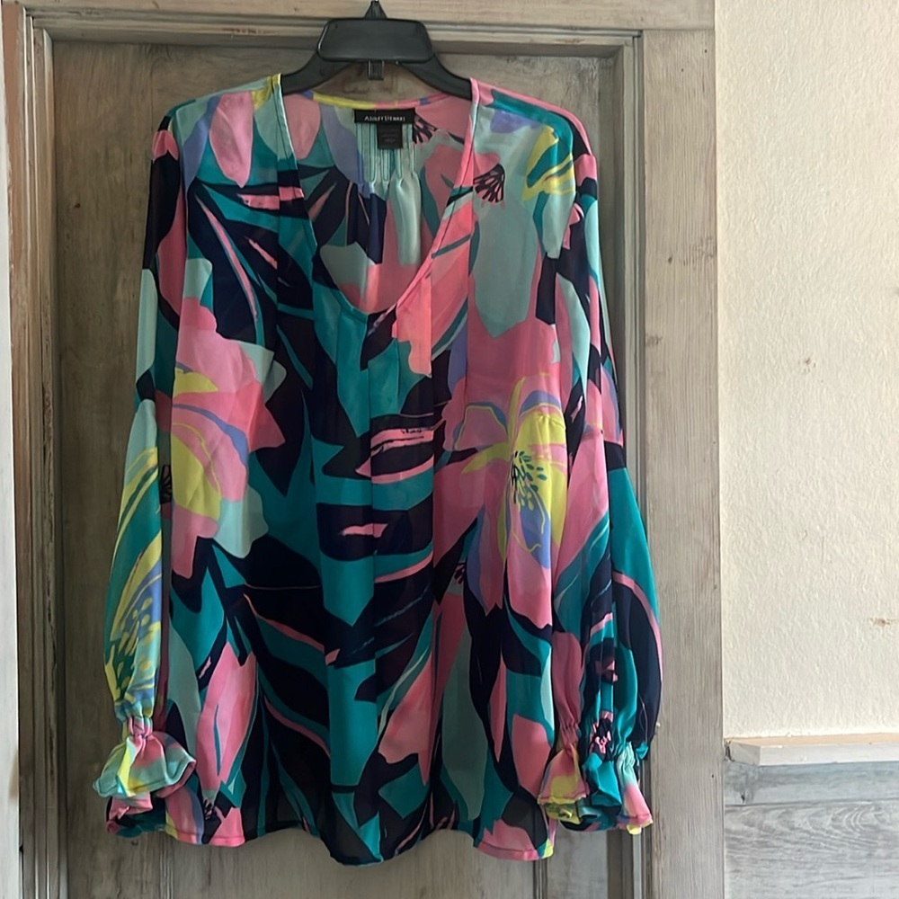 Ashley Stewart - Floral Pleat Drama Sleeve - colorful, sheer, flowy - si…